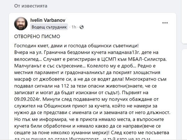 Заради нападение на бездомни кучета над дете в Силистра гражданин публикува отворено писмо до кмета и общинските съветници 